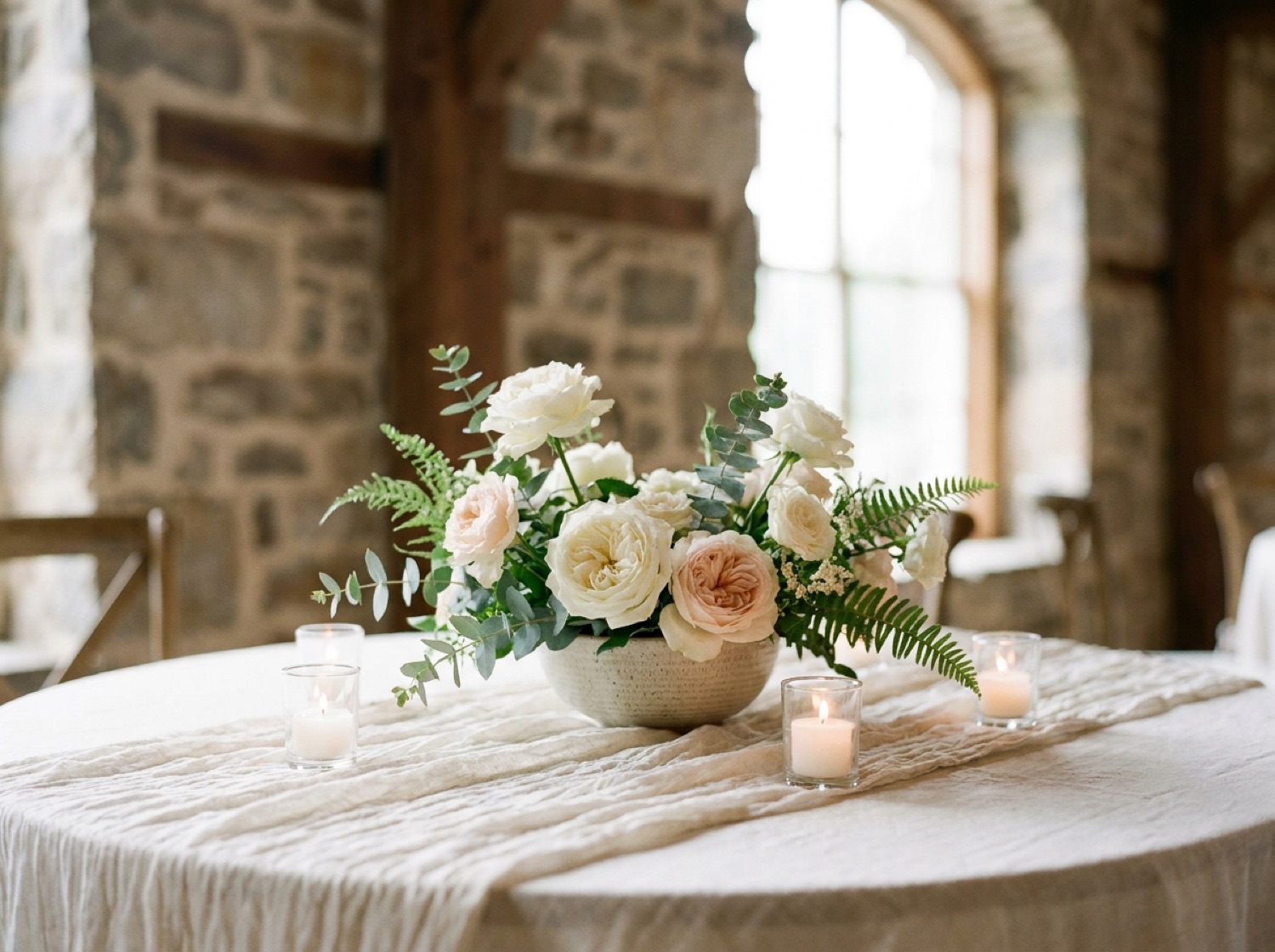 Close detail of a low centerpiece of white and blush garden roses with votive candles