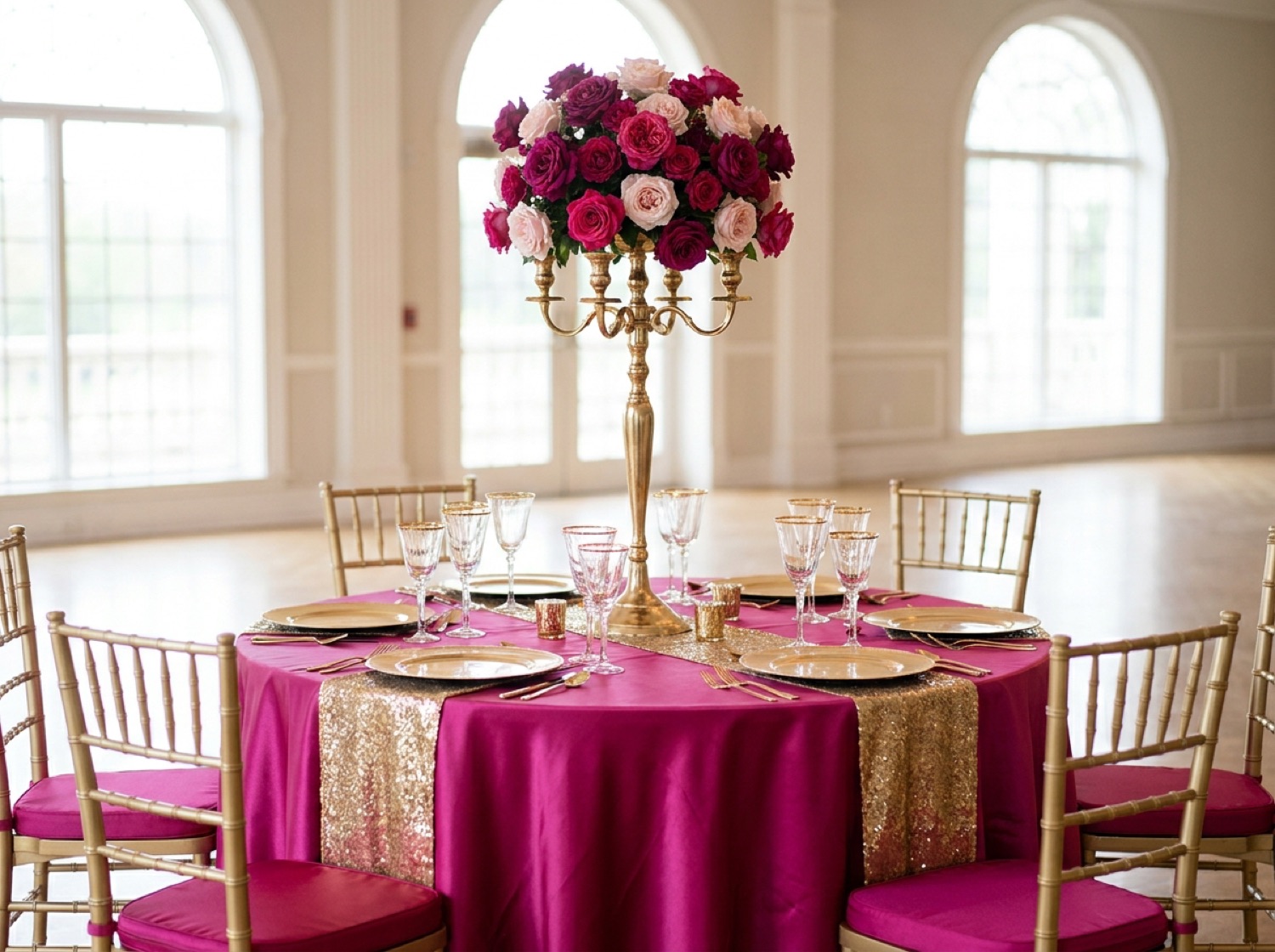 Quinceañera reception table in fuchsia satin with a tall gold candelabra of magenta roses