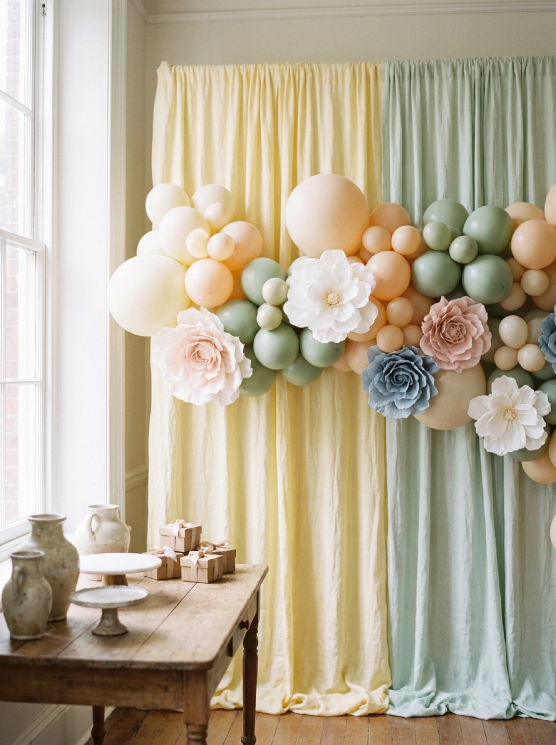 Soft pastel draped backdrop with a balloon cluster and paper flowers