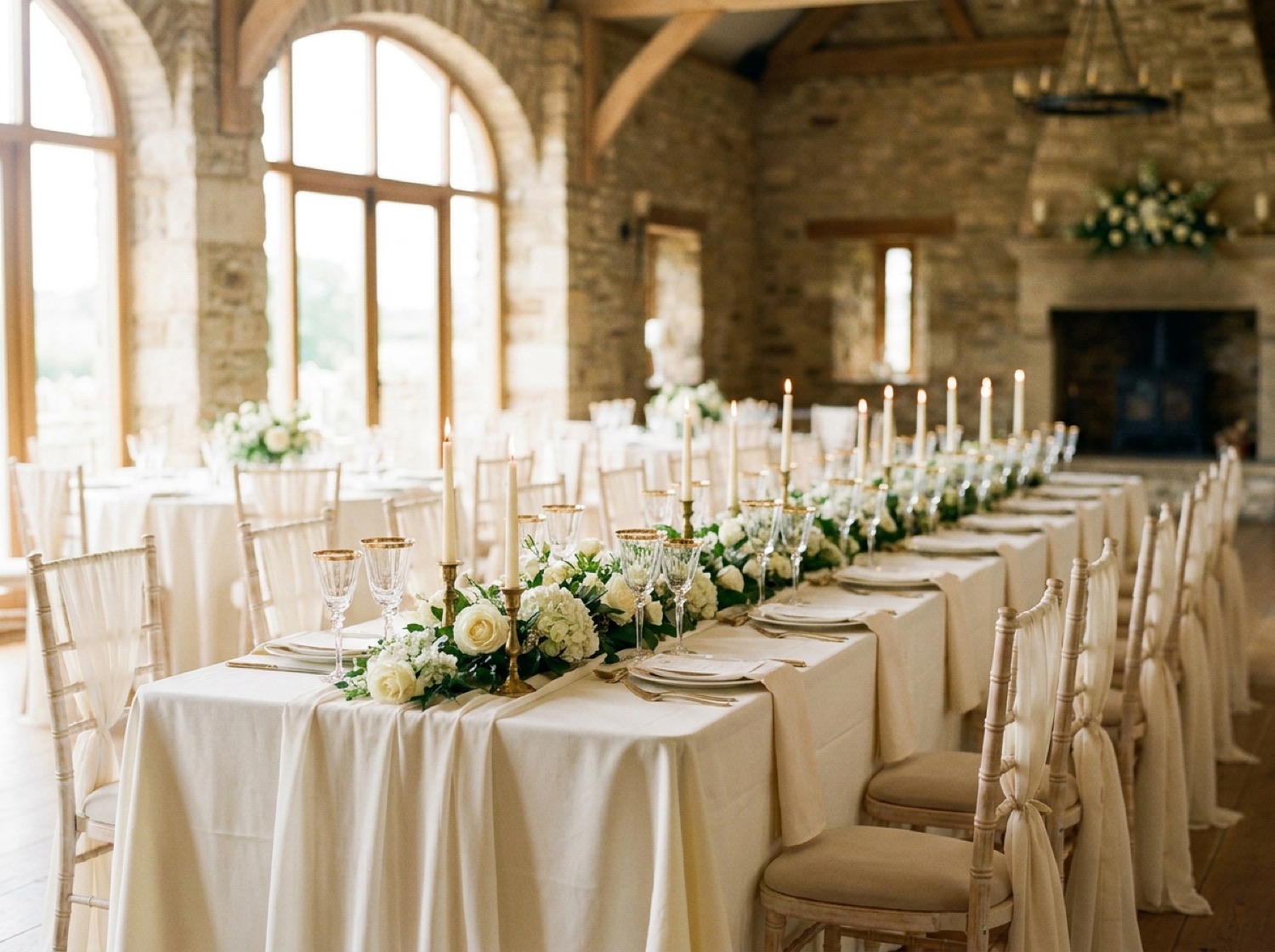 A long banquet table in ivory linen with a low white floral runner, taper candles, and covered chairs